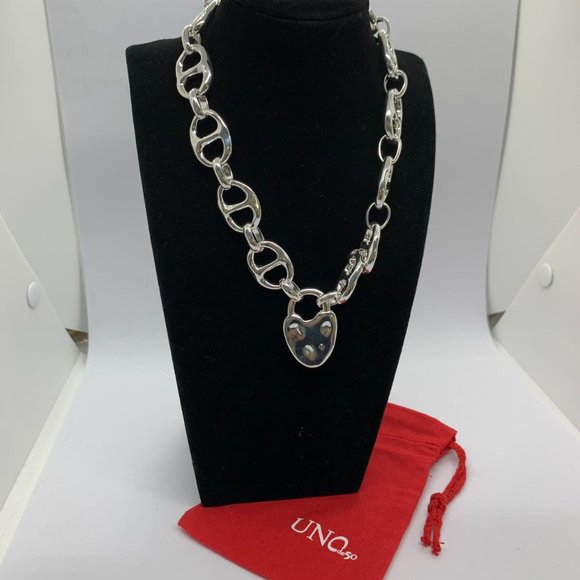 Uno de 50 Necklace Silver-plated Heavy Double Link Necklace Large Heart Lock - Picture 5 of 10